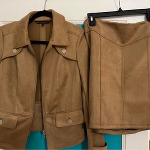 White House Black Market Camel Suede-Look Jacket and Skirt Set